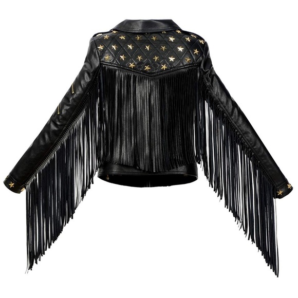 Fringe Rivets Faux Leather Biker Leather Jacket - Picture 2 of 7